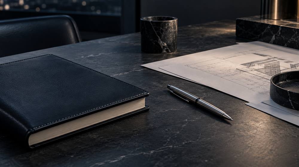 Materiais de planejamento em uma mesa de trabalho escura